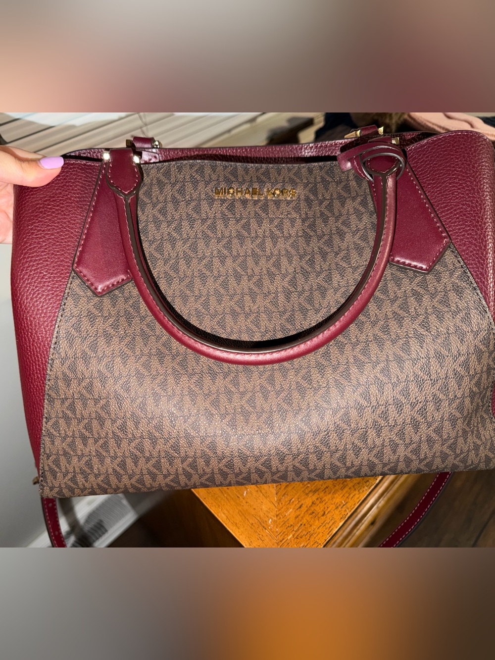 Michael Kors Brown Logo Satchel with Burgundy Trim and Handles